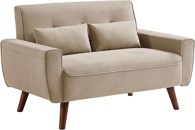48" Small Loveseat Sofa, Mid Century Modern Love Seat with Back Cushions and Plastic Legs, 2 Seater Couches for Living Room, Bedroom, Small Spaces, Beige