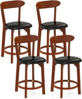 COSTWAY Bar Stool Set of 4, 23.5'' Counter Height Barstools w/Curved Backrest, Faux Leather Cushion & Rubber Wood Frame, Mid Century Modern Island Chairs for Kitchen Bar Cafe, Walnut