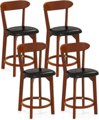 COSTWAY Bar Stool Set of 4, 23.5'' Counter Height Barstools w/Curved Backrest, Faux Leather Cushion & Rubber Wood Frame, Mid Century Modern Island Chairs for Kitchen Bar Cafe, Walnut