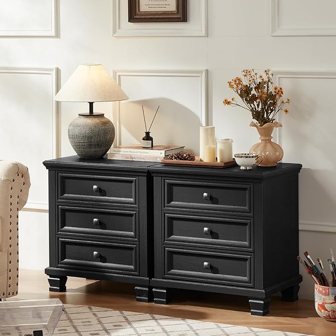 Farmhouse Nightstand with 3 Drawers, Rustic Couch End Table with 4 Square Solid Wood Legs, Mid-Century Modern Bed Side Table with Storage, Small Dresser for Bedroom, Living Room, Black