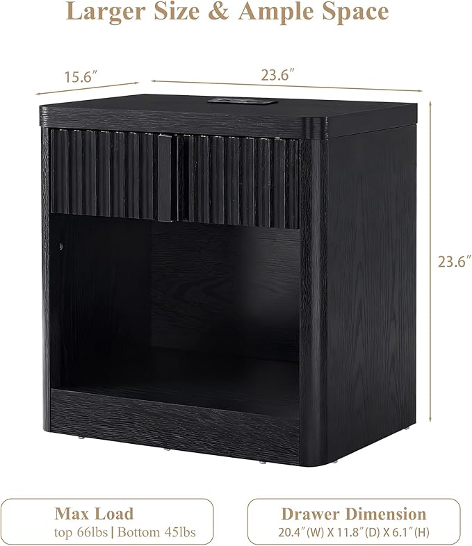Fluted Nightstand with Charging Station, 23.6" End Table with Open Shelf and Drawers Storage, Bedside Table with Solid Wood Handle, Curved Profile Design, Night Stand for Bedroom, Black