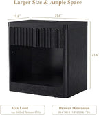 Fluted Nightstand with Charging Station, 23.6" End Table with Open Shelf and Drawers Storage, Bedside Table with Solid Wood Handle, Curved Profile Design, Night Stand for Bedroom, Black