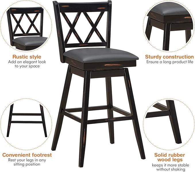 COSTWAY Bar Stool Set of 2, 360 ° Swivel Bar Height 29.5 inch Bar Stool with Foot Rest Upholstered Cushion & Ergonomic Backrest, Sturdy Frame, for Pub, Restaurant, Home (2, Black + Grey)
