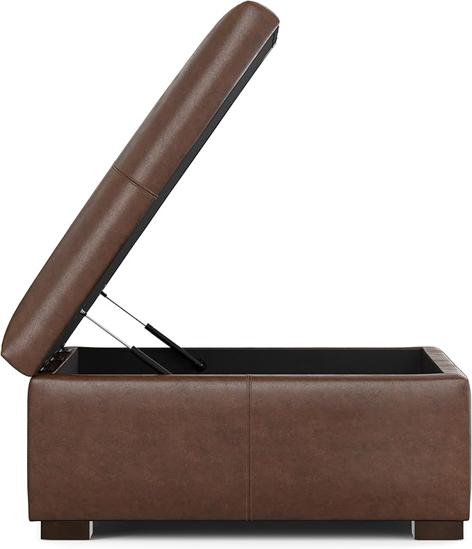 SIMPLIHOME Gabbie 36 inch Wide Contemporary Square Square Coffee Table Storage Ottoman in Distressed Chestnut Brown Vegan Faux Leather, Assembled, for The Living Room, Entryway and Family Room