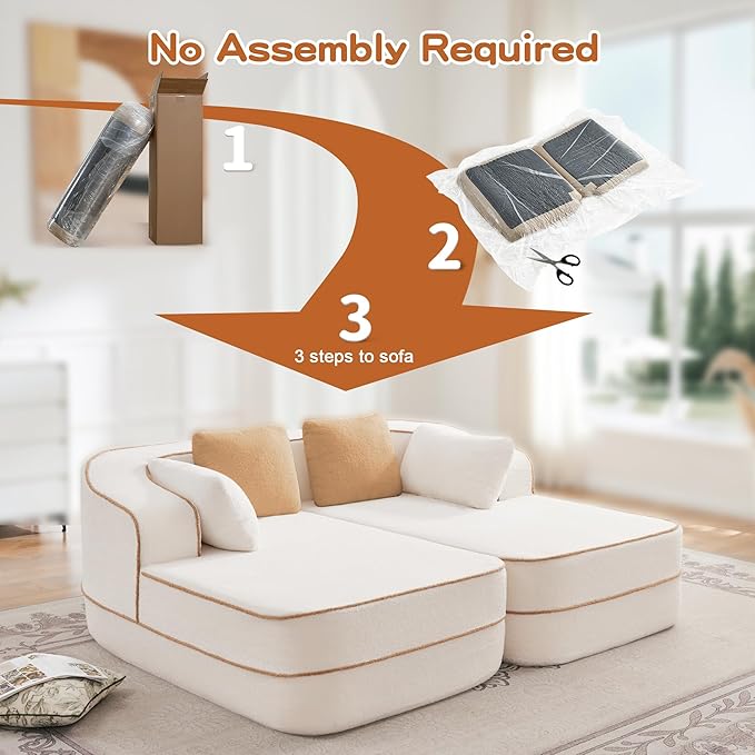 Cloud Sectional Sofa Modern Boneless Couch for Living Room, Comfy Deep Seat Comfy Teddy Fabric Double Sofa Chaise No Assembly Required (White, 77.2" Double Chaise Lounge)