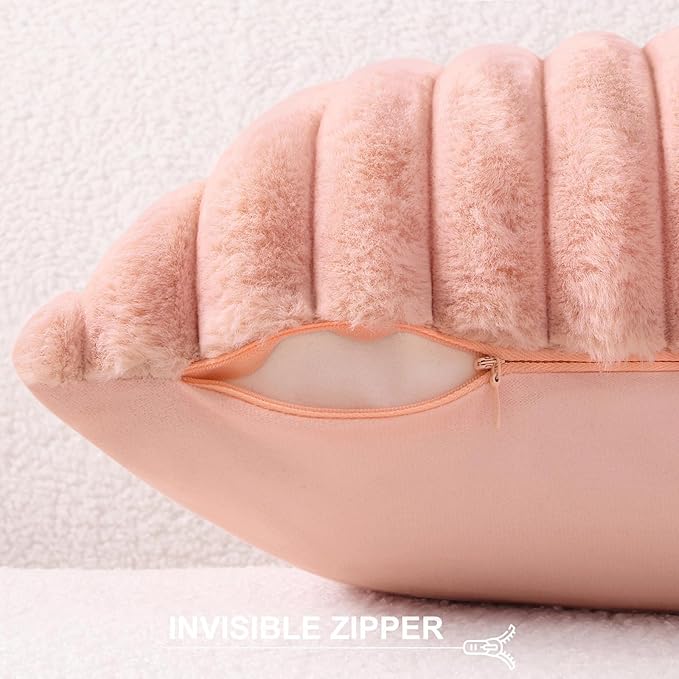 Pallene Faux Fur Plush Lumbar Throw Pillow Covers 12x20 Set of 2, Luxury Soft Fluffy Striped Decorative Pillow Covers for Sofa, Couch, Living Room, Pink