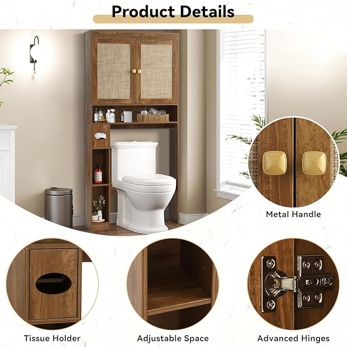 Over The Toilet Storage Cabinet, Over Toilet Bathroom Organizer with Double Doors and Adjustable Shelf, Freestanding Home Space Save Toilet Rack (Rustic Brown, Double Doors)