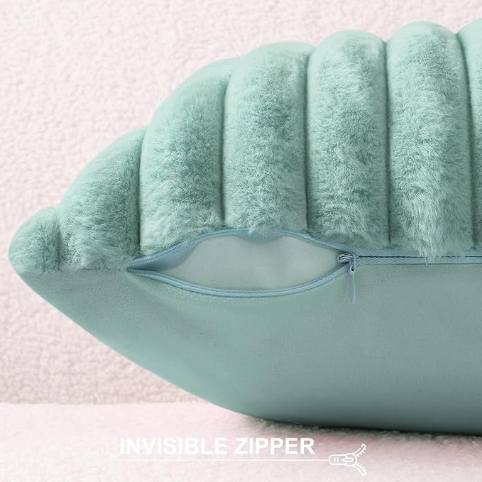 Pallene Faux Fur Plush Throw Pillow Covers 22x22 Set of 2, Luxury Soft Fluffy Striped Decorative Pillow Covers for Sofa, Couch, Living Room, Aqua