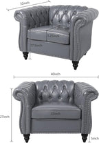 LEVNARY Leather Upholstered Armchair, Mid-Century Modern Single Sofa Chair with Rolled Arms and Nailhead, Tufted Pu Leather Chesterfield Chair for Home Bedroom Reading Room (Gray)