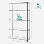 SONGMICS 5-Tier Storage Unit, Wire Shelving, Kitchen Metal Rack With Adjustable Shelves, Shelf Liners, 8 Hooks, for Garage, 11.8 x 35.4 x 63 Inches, Black ULGR095B01