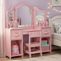 Arlopu Kids Vanity Set, 2 in 1 Toddler Makeup Dressing Table and Chair Set w/Detachable Tri-fold Mirror, Open Shelves, Princess Wooden Pretend Play Desk Furniture Toy for Little Girl (Pink)