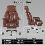 Big and Tall Office Chair, Executive Home Office Desk Chair, Comfy Leather High-Back Reclining Computer Chair with Retractable Footrest and Padded Arms, 360°Swivel Rolling Wheels, Wide Seat, Brown