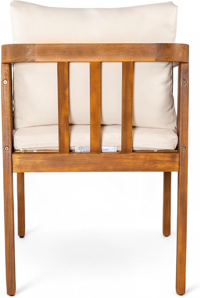 Christopher Knight Home Lucid Set of 2 Outdoor Dining Chair, Acacia Wood Frame Dining Chairs, Accent Chair Set with Comfortable Cushions, Patio Armchair for Backyard Poolside Garden, Natural + Beige