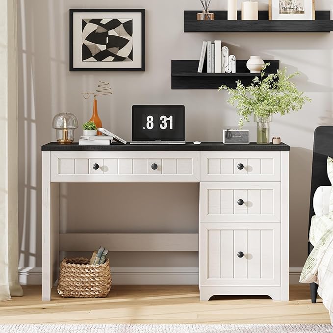 Vabches Farmhouse Executive Desk with 4 Drawers, Home Office Desk with Storage Cabinet and File Drawer, Wood Computer Desk with Storage, Rustic Office Desk for Work Study Writing, Black White