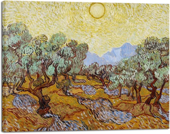 Wieco Art Canvas Wall Art Print of Vincent Van Gogh Paintings Olive Trees with Yellow Sky and Sun Field Pictures Artwork Wall Art for home Decoration and Wall Decor