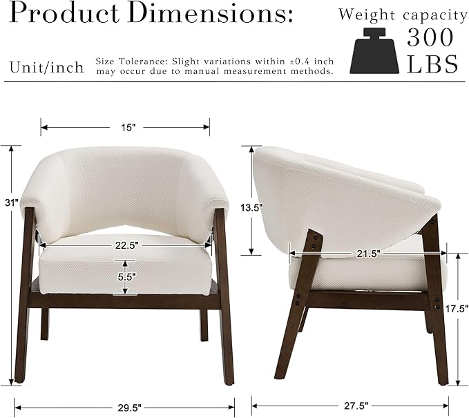 Mid-Century Modern Accent Chair Set of 2, Comfy Barrel Armchair Living Room Chair for Bedroom, Upholstered Lounge Chairs for Reading Nook Office, White Chenille, Wood Legs