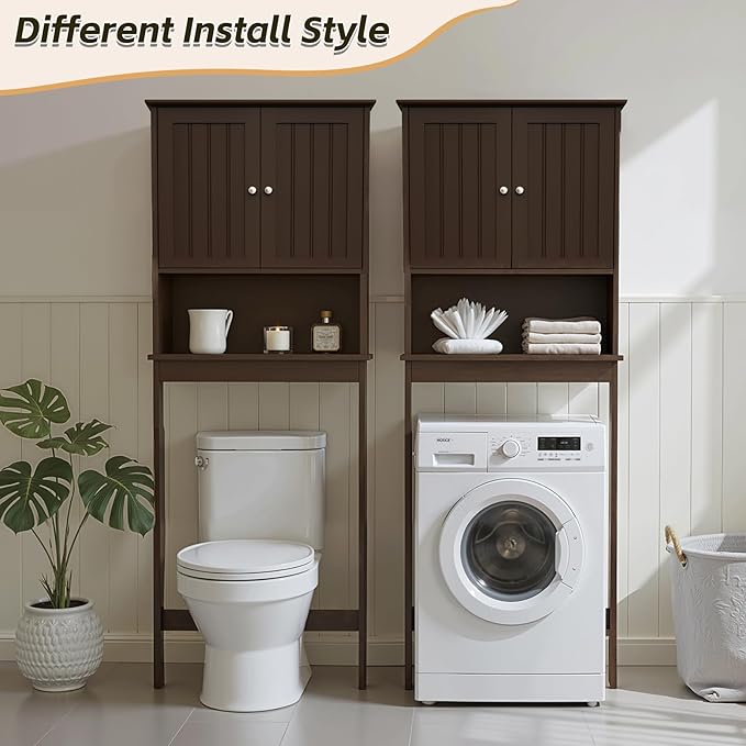 Over The Toilet Storage Cabinet, Behind Toilet Bathroom Organizer with Adjustable Shelves, Wooden Above Toilet Storage Shelf, Space Saver for Restroom, Bathroom, Laundry