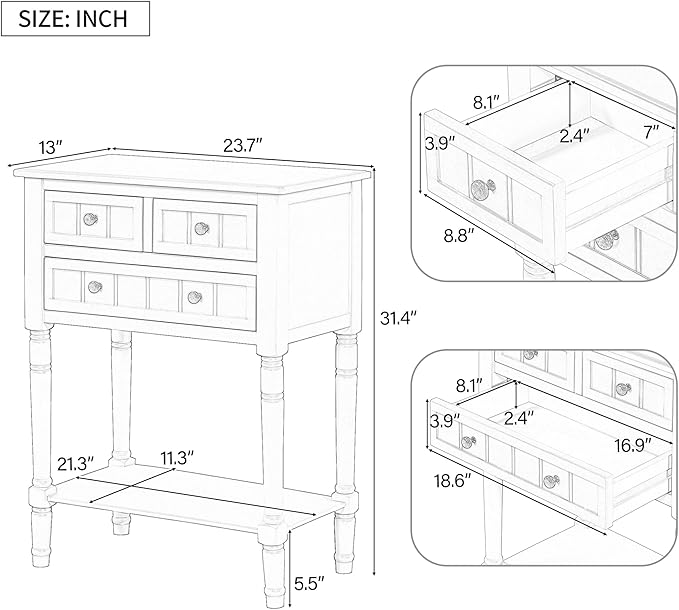 Knocbel Slim Antique Entry Console Table with 3 Drawers & Bottom Open Shelf, Solid Wood Narrow Sofa Couch Table for Entryway Hallway Living Room 23.7" W x 13" D x 31.4" H Light Blue