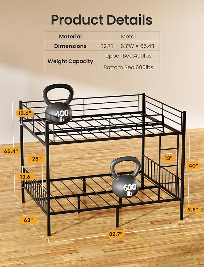 Queen Over Queen Bunk Bed for Adults & Teens, Heavy Duty Metal Bunk Bed with EVA Anti-Slip Ladder & Full-Length Guardrails, Noise-Free Queen Bunk Bed Frame with Under-Bed Storage, Black