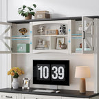 ONBRILL 72" H Farmhouse Executive Desk with Hutch, Office Desk, Computer Desks with Charging Station, Computer Workstations with 5 Drawers and Storage Cabinet for Home, Office, Off White & Black