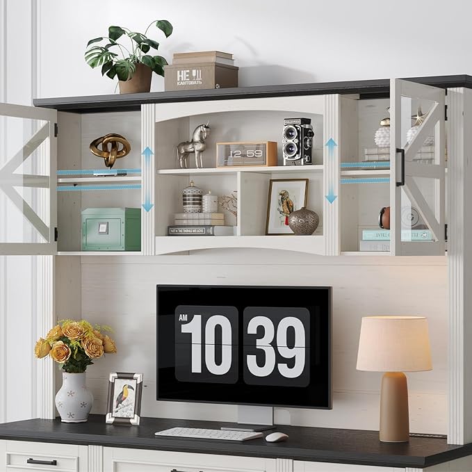 ONBRILL 72" H Farmhouse Executive Desk with Hutch, Office Desk, Computer Desks with Charging Station, Computer Workstations with 5 Drawers and Storage Cabinet for Home, Office, Off White & Black