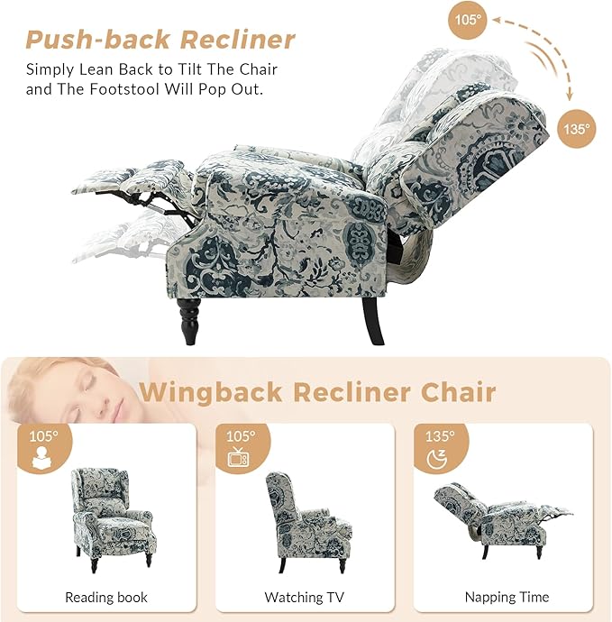 HULALA HOME Upholstered Wingback Recliner Chair Set of 2, Small Adjustable Footrest Push Back Single Reclining Sofa, Mid Century Modern Lounge Armchair for Living Room, Bedroom, Reading/Floral