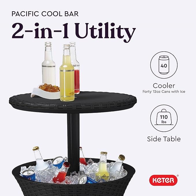 Keter Pacific Cool Bar Outdoor Patio Furniture and Hot Tub Side Table with 7.5 Gallon Beer and Wine Cooler, Dark Grey