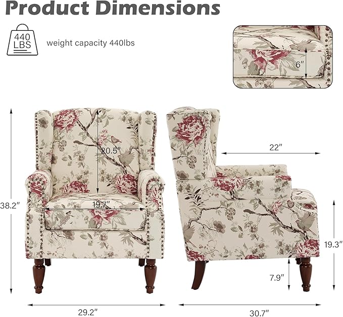 UIXE High Back Accent Chair, Fabric Upholstered Armchair for Living Room, Floral Printed Wingback Arm Chair with Solid Wood Legs, Retro Nailhead Trim Single Sofa Bedroom Reading Seat - Beige