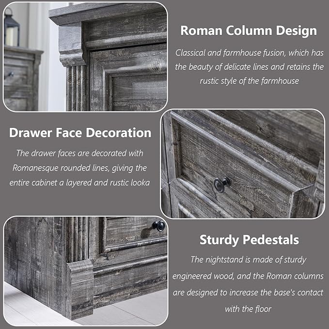 Farmhouse 7 Drawers Dresser for Bedroom, 57" Tall Large Dressers & Chests of Drawers w/Roman Column, Storage Dressers Organizer for Bedroom, Hallway, Living Room, Light Grey