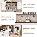 ONBRILL 71" Pantry Cabinet, Kitchen Pantry Storage Cabinet with LED Light & Outlet, Kitchen Hutch with Microwave Shelf & 6 Hook, Door Shelf & Drawer & Adjustable Shelf, Dining Room, Off White+Walnut