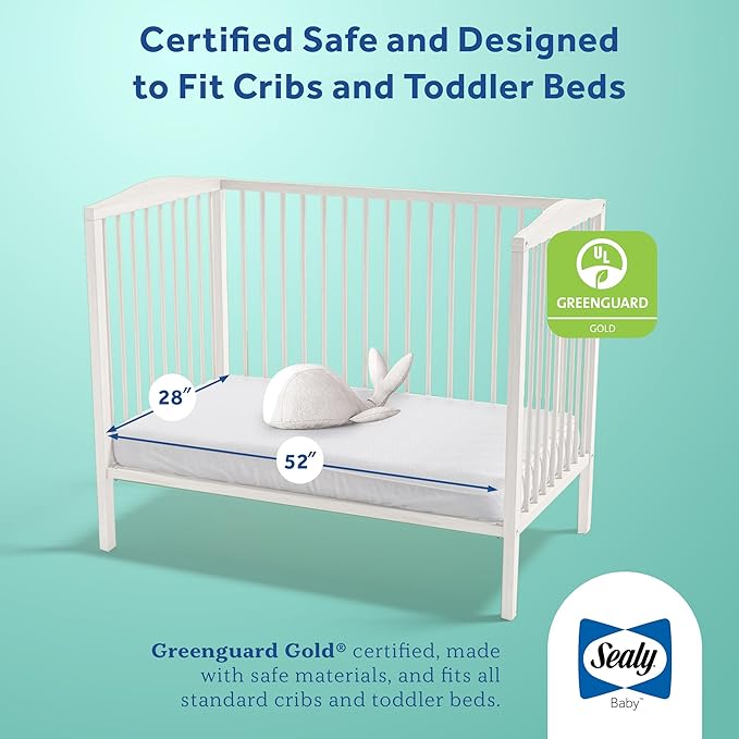 Sealy Baby Flex Cool 2 Stage Breathable Crib Mattress with Toddler Bed Fit, Waterproof & Airy Cotton Cover, 204 Premium Coils, GREENGUARD Gold Certified, Safety & Quality Tested, Made in USA, 52x28"