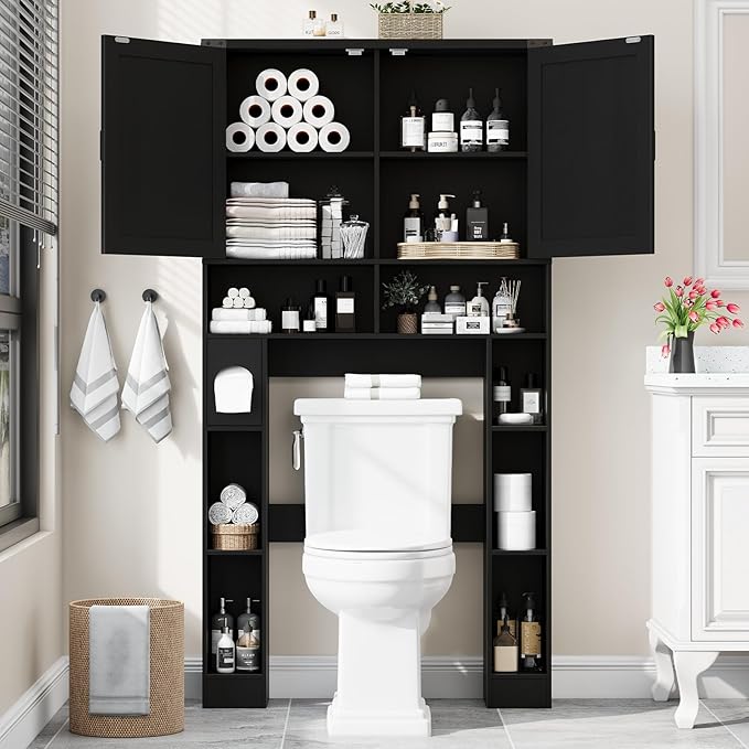 Vabches Over The Toilet Storage Cabinet, Farmhouse Storage Cabinet Over Toilet with 2 Barn Doors ，Toilet Paper Holder Stand，Home Space-Saving Toilet Rack, for Laundry, Restroom, Bathroom.Black.