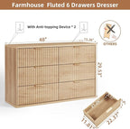 LEYAOYAO Fluted 6 Drawers Dresser for Bedroom, 48" Wide Modern Chest of Drawers with Metal Handle, Natural Curved Profile Farmhouse Closet Organizer Wood Dressers TV Stand for Living Room, Hallway