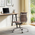 Ribbed Office Chair with Top Grain Leather - Mid Back Ergonomic Desk Chair with Aluminum Arm Rest and 5-Star Base, Swivel Chair Brown