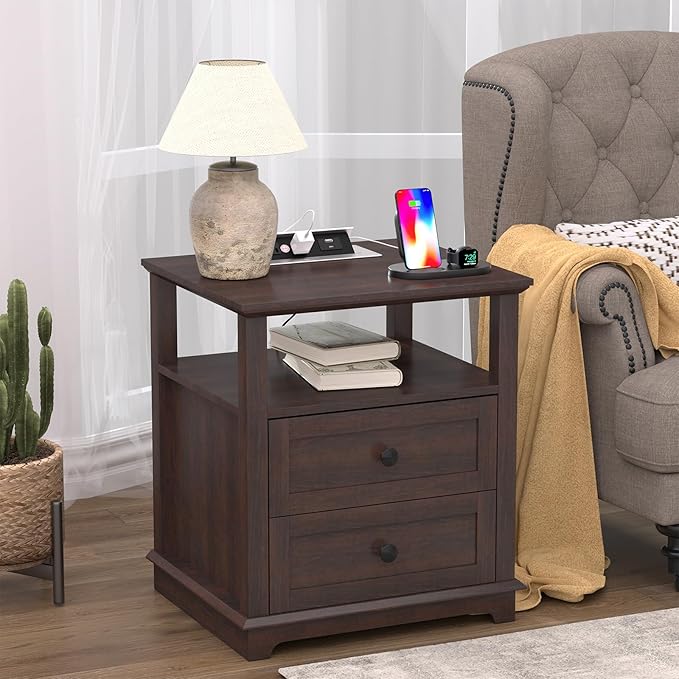 HIFYOBRO 24" Tall End Table with 2 Drawers and Charging Station, Type-C & USB Port & Power outlets, Wooden Storage Cabinet, 21" W Large Side Table with Storage for Living Room and Bedroom (Espresso)