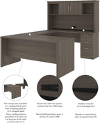 Bestar Logan 66W U or L-Shaped Executive Office Desk with Pedestal and Hutch in Bark Grey, Table Workstation for Personal Home Workspace