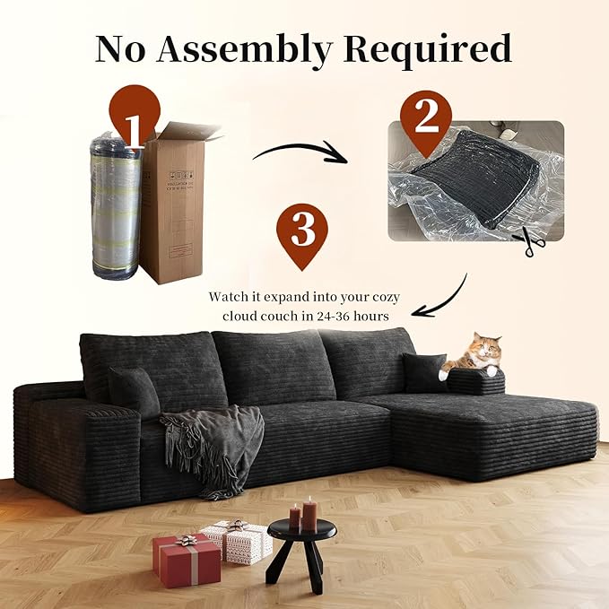 107.5" Cloud Modular Sectional Sofa with L-Shape Chaise, Modern Upholstered Couches for Living Room, Deep Seat Boneless Couch, No Assembly Required, Plush Corduroy Fabric (Black, Right Facing Chaise)