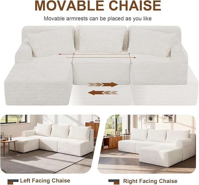 JSLOVE Modular L-Shape Sectional Sofa with Chaise, 3 Seat Movable Boneless Cloud Couch in One Box, Sofa Couch Bed with Ultra-Soft Corduroy Fabric, No Assembly Required for Living Room, Bedroom(Beige)