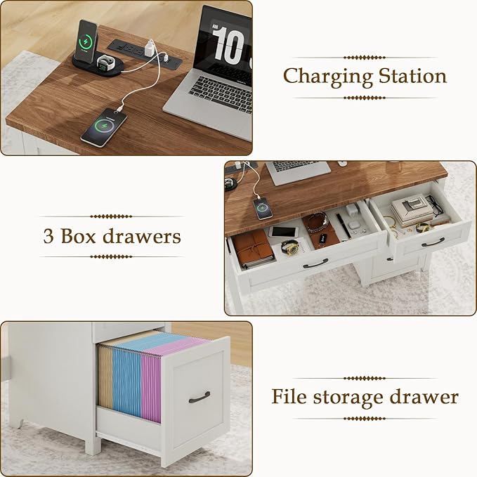 Vabches Farmhouse 47" Executive Desk, Computer Desk with File Drawer and Charging Station, Workstation for Home Office & Study（Off White