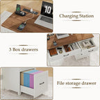 Vabches Farmhouse 47" Executive Desk, Computer Desk with File Drawer and Charging Station, Workstation for Home Office & Study（Off White