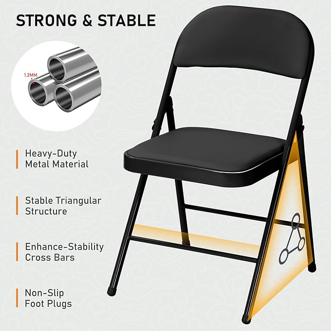 SEALAMB 30 Pack Black Folding Chairs with Padded Seats & Cushion, Durable Metal Foldable Chairs for Wedding Party, Commercial Chairs for Office School Church Events, 330lb Capacity (Black-PU, 30 Pack)