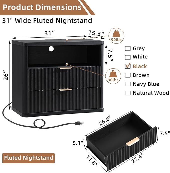 LEYAOYAO 31" Wide Fluted Night Stand Set of 2 with Charging Station, Oversized Extra Large 2 Drawers Nightstand,Black Wood Bedside Table,Tall End Tables,Modern Chest of Drawers Dressers for Bedroom