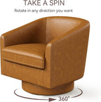 Swivel Barrel Accent Chair, Round Faux Leather Living Room Arm Chairs, Modern Upholstered Comfty Reading Nook Chairs for Bedroom, Small Club Armchair, Single Sofa Side Chair, Brown