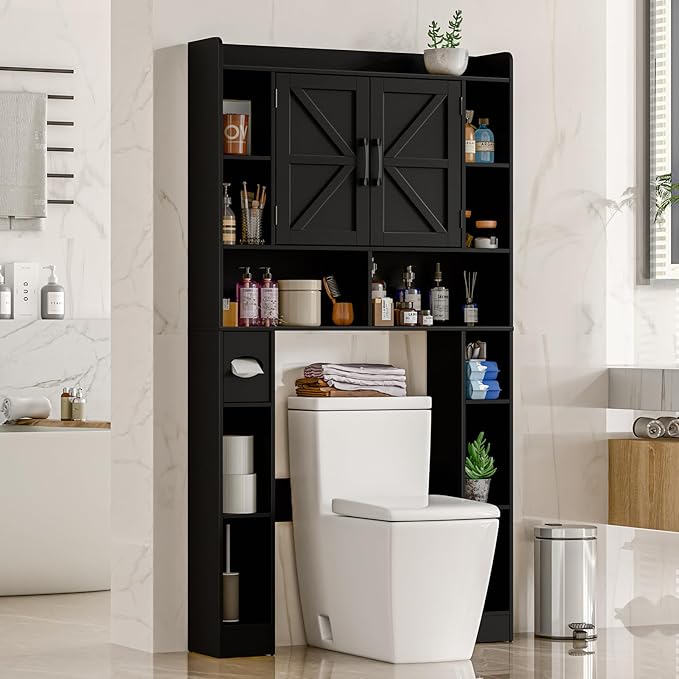 Farmhouse Storage Cabinet Over Toilet with Barn Doors，Over The Toilet Storage Cabinet, Home Space-Saving Toilet Rack, for Bathroom, Restroom, Laundry.Pure Black