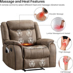 Massage Recliner Chair with Heated, Faux Leather Recliner Chairs for Adults, 39" Manual Reclining Ergonomic Lounge Chair for Living Room with Overstuffed Backrest, Side Pocket, Nut Brown