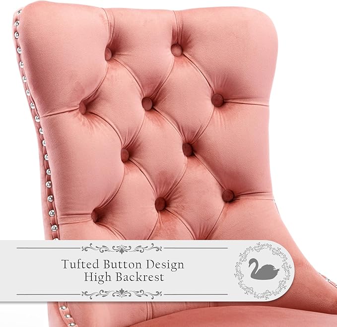 Velvet Upholstered Dining Chairs Set of 4, Modern Style Kitchen Side Chairs with Nailhead Trim and Wood Legs,Metal Pulling Ring for Dining Room Living Room(Pink,Set of 4)