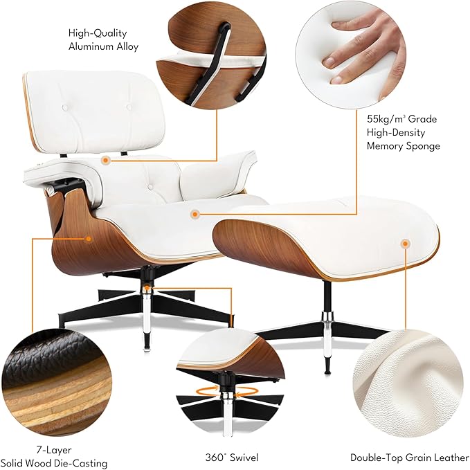 Top Grain Leather, Mid Century Chaise Lounge Chair and Ottoman, Reading Chair, Accent Lounge Chair, Modern Chair, Classic Design, Heavy Duty Base Support for Living Room Lounge Office, Walnut-White