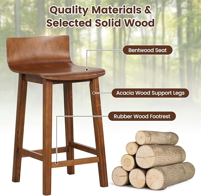 COSTWAY Solid Wood Bar Stools Set of 2, 24.5-inch Counter Height Chairs with Low Back and Footrest, Farmhouse Wooden Armless barstools for Kitchen Island, Dining Room, Cafe, Breakfast, Brown
