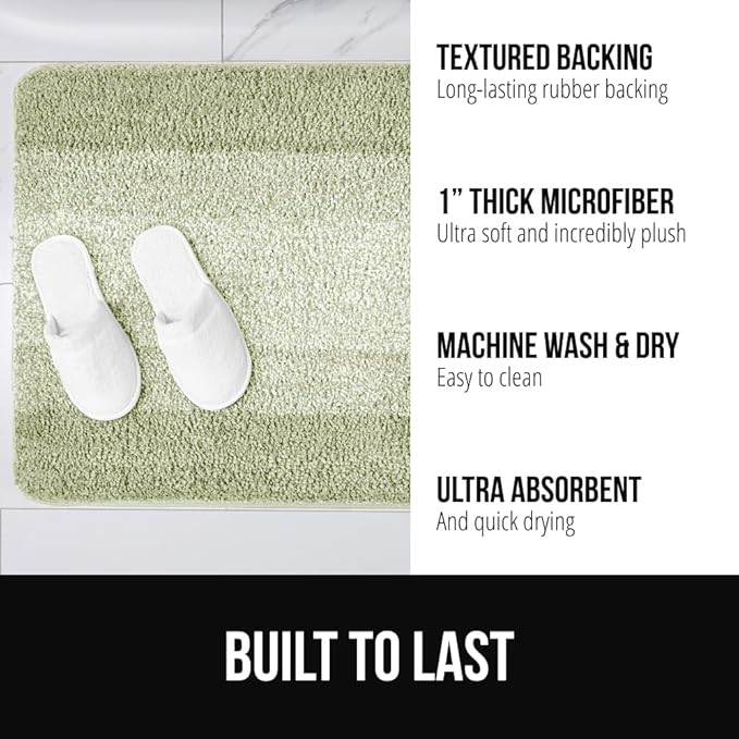 GORILLA GRIP Ultra Soft Plush Bathroom Rugs with Textured Rubber Backing, 40 x 24 Absorbent Quick Dry Bath Mat, Machine Washable Shower Mats, Home Décor Accessories Bathmat Rug Essentials, Sage