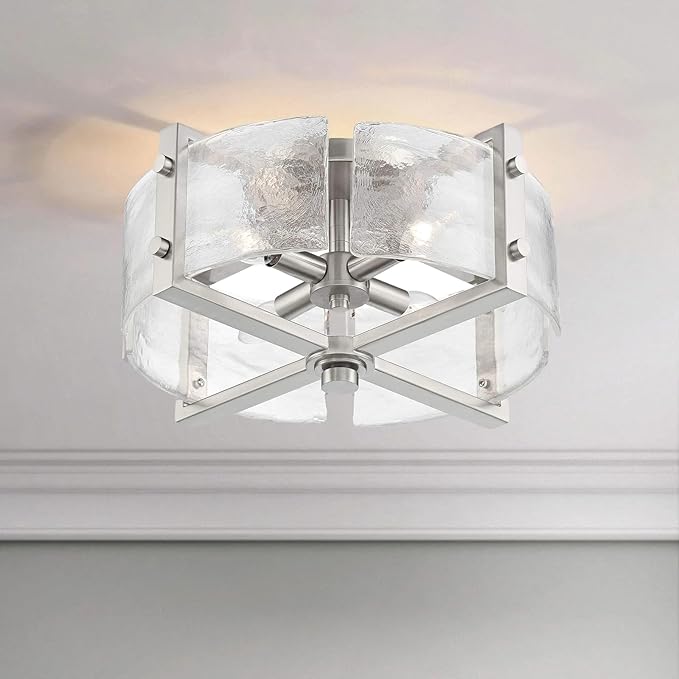 Bofea-Modern Semi Flush Mount Ceiling Light Chrome Drum Light Fixture with Hand-Blown Glass Shade 4-Lights Hallway Lighting Fixtures Farmhouse Ceiling Lights for Dining Room Foyer Entryway Lamp